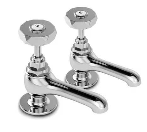 Paire robinets lavabo VINTAGE HAUT DE GAMME — poignées hexagonales sculptées chrome — MOQ 500