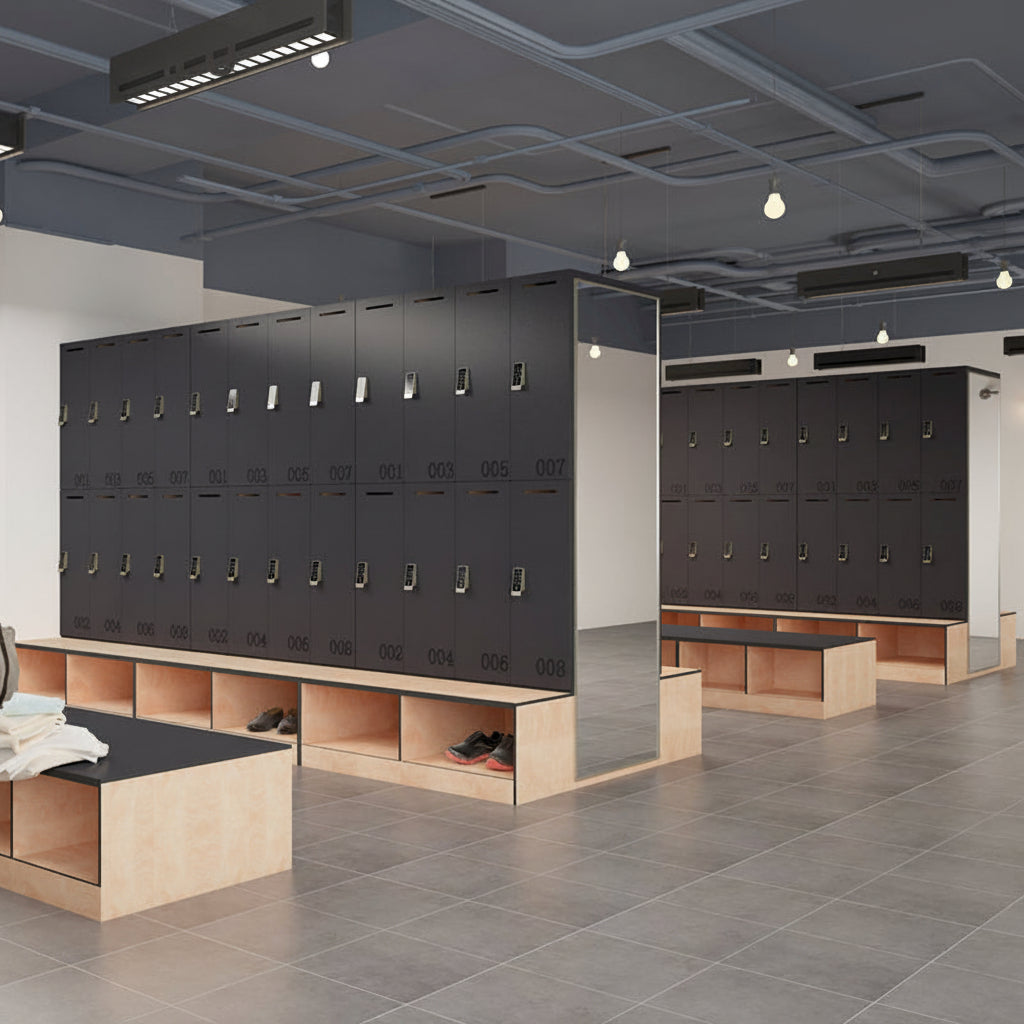 Casiers vestiaires HPL haute performance — stratifié compact étanche et ignifuge, sur-mesure ERP — MOQ 10
