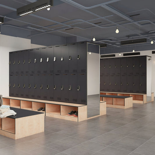 Casiers vestiaires HPL haute performance — stratifié compact étanche et ignifuge, sur-mesure ERP — MOQ 10